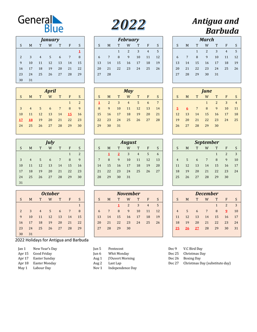 Antigua and Barbuda Calendar 2022
