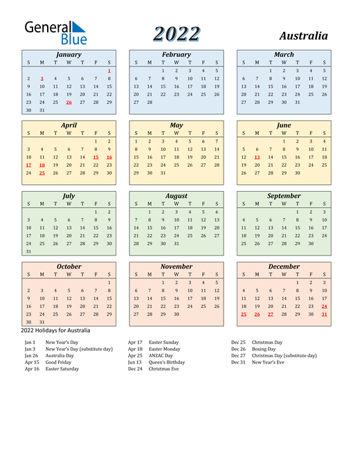 2022 Australia Calendar With Holidays 7250