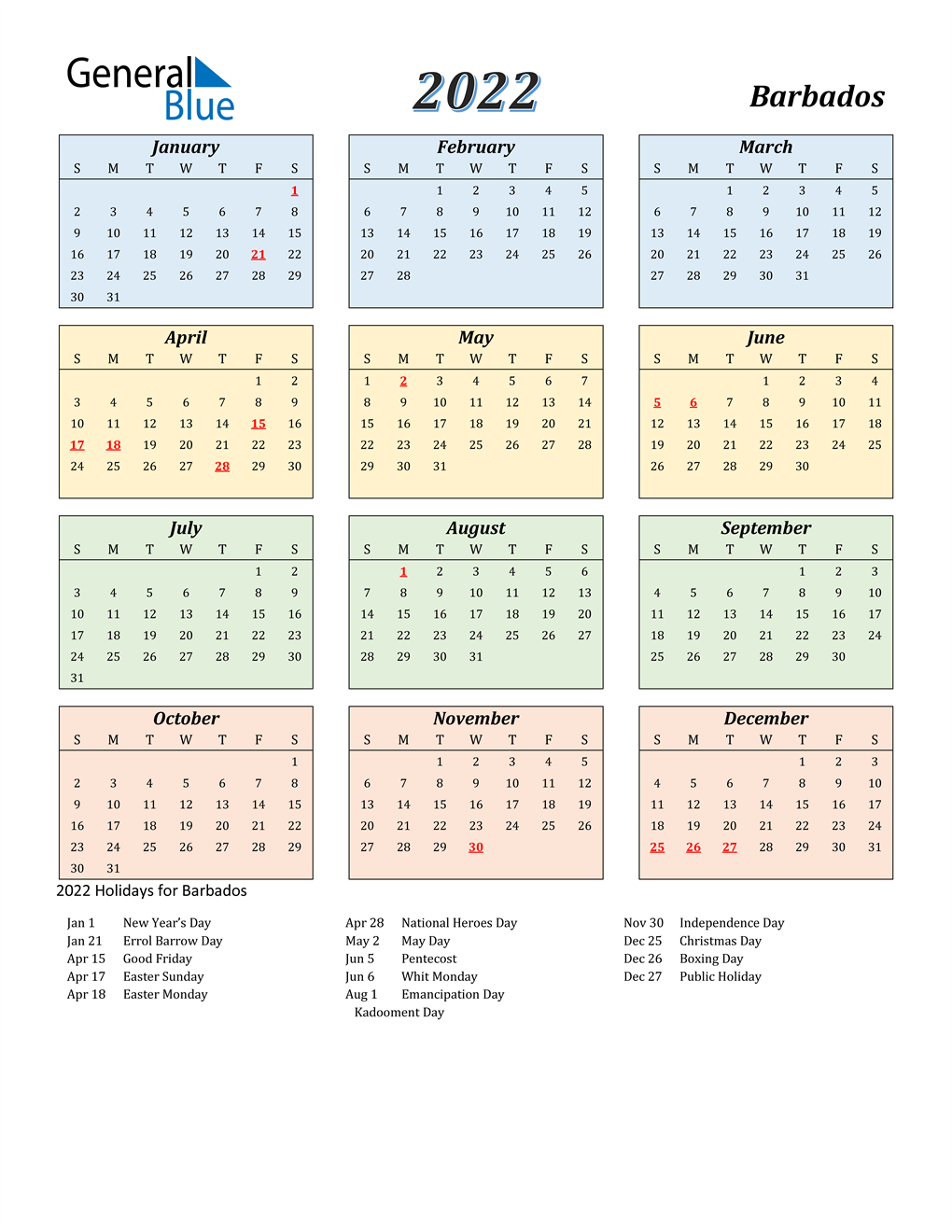 2022 Barbados Calendar With Holidays