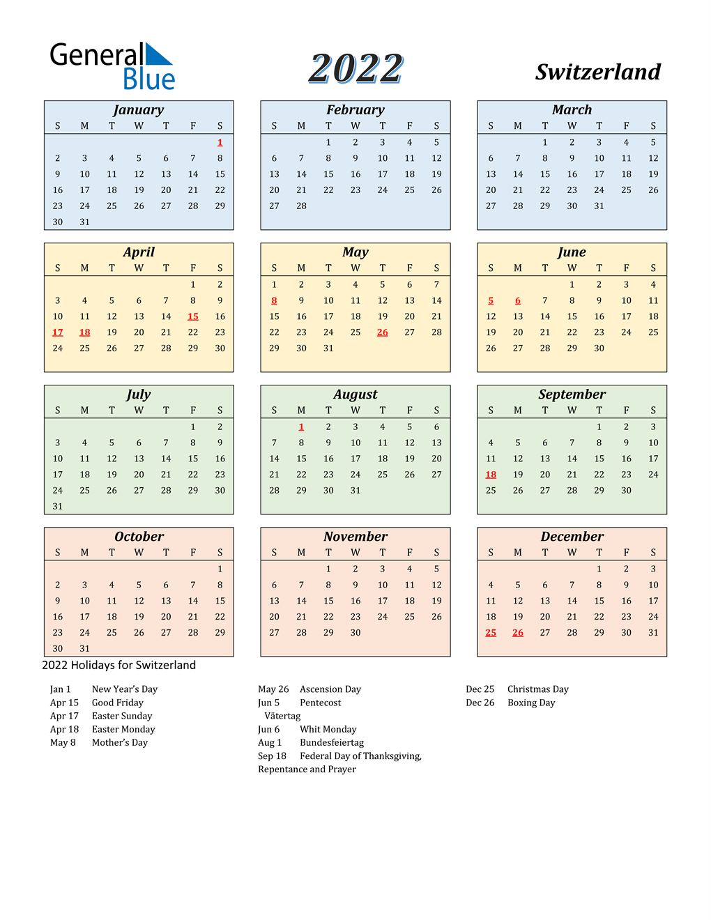Holiday 2022 Calendar 2022 Switzerland Calendar With Holidays