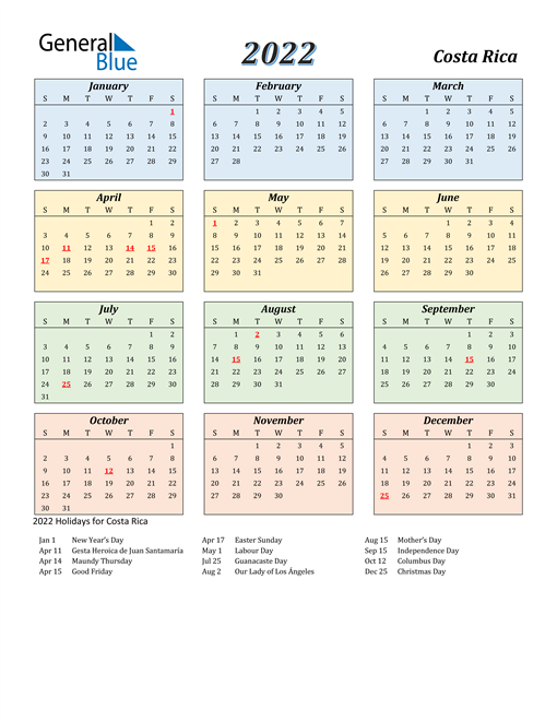 Costa Rica Calendar 2022