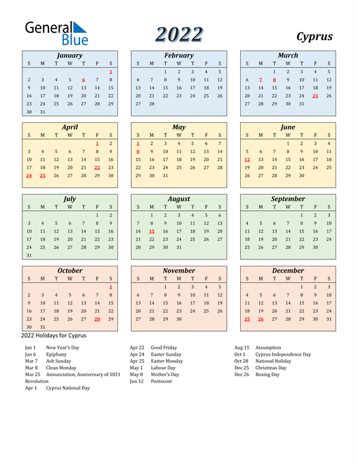 Cyprus Calendar 2022