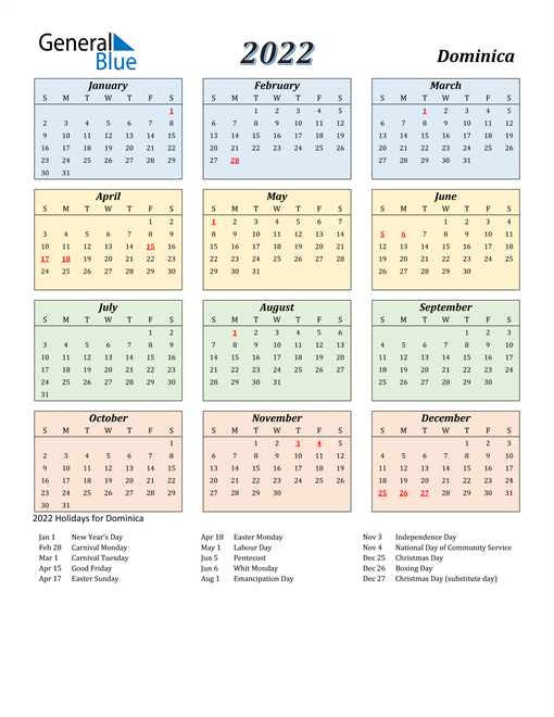 Dominica Calendar 2022