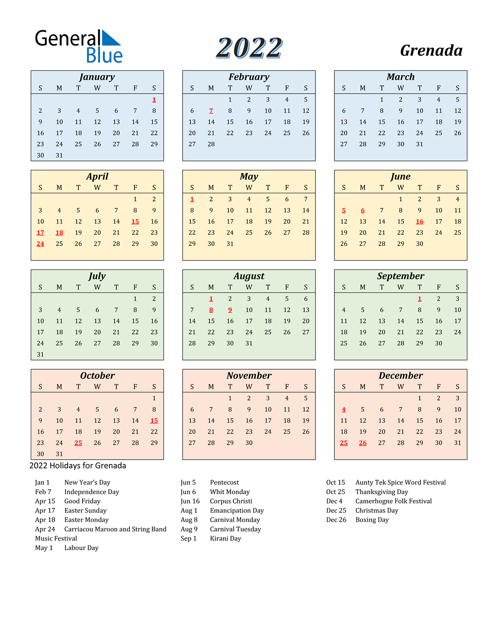 2022 Grenada Calendar With Holidays