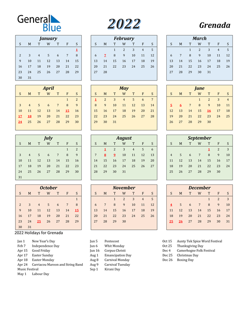 Grenada Calendar 2022