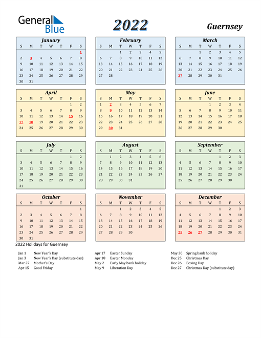 2022 Calendar - Guernsey with Holidays