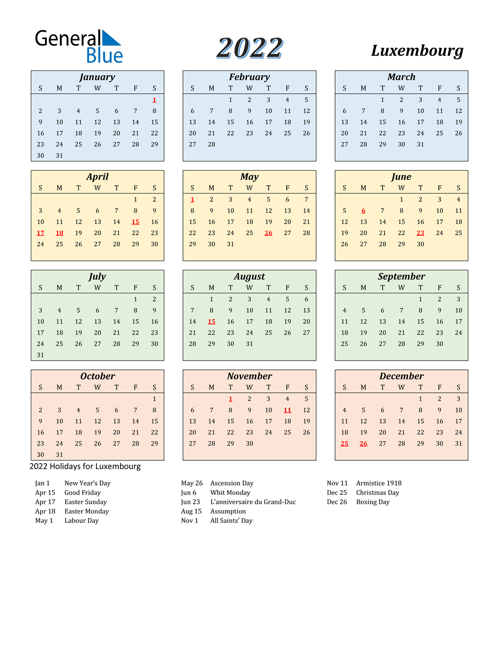 Printable Calendar 2022 With Holidays 2022 Luxembourg Calendar With Holidays