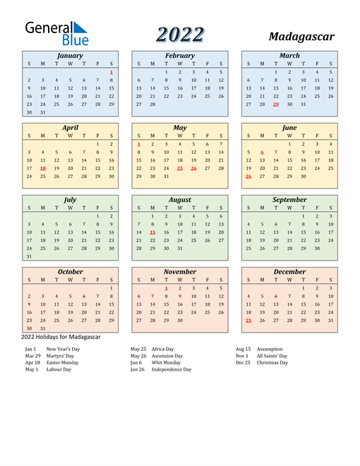 Madagascar Calendar 2022