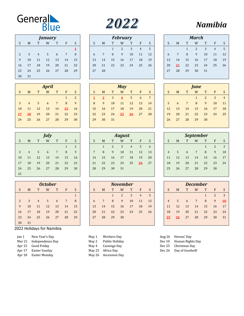 Namibia Calendar 2022