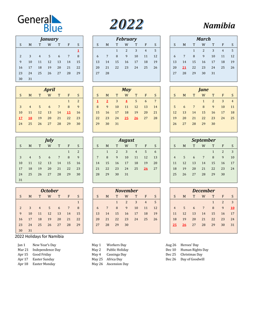 2022 Namibia Calendar with Holidays