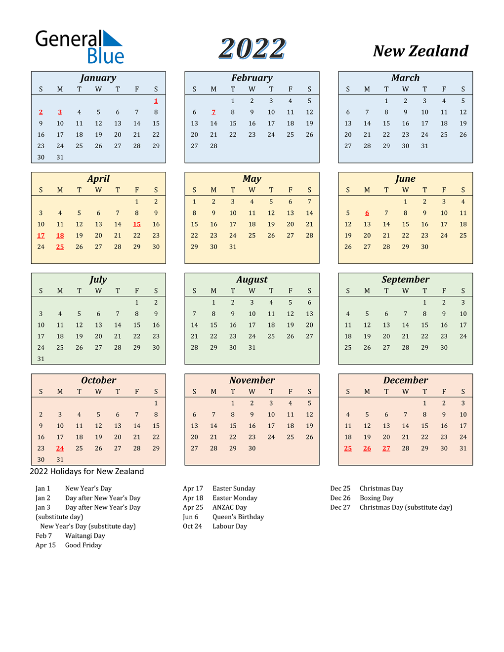 2022 New Zealand Calendar With Holidays 3045