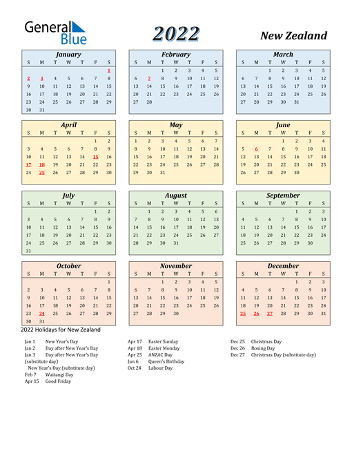 New Zealand Calendar 2022