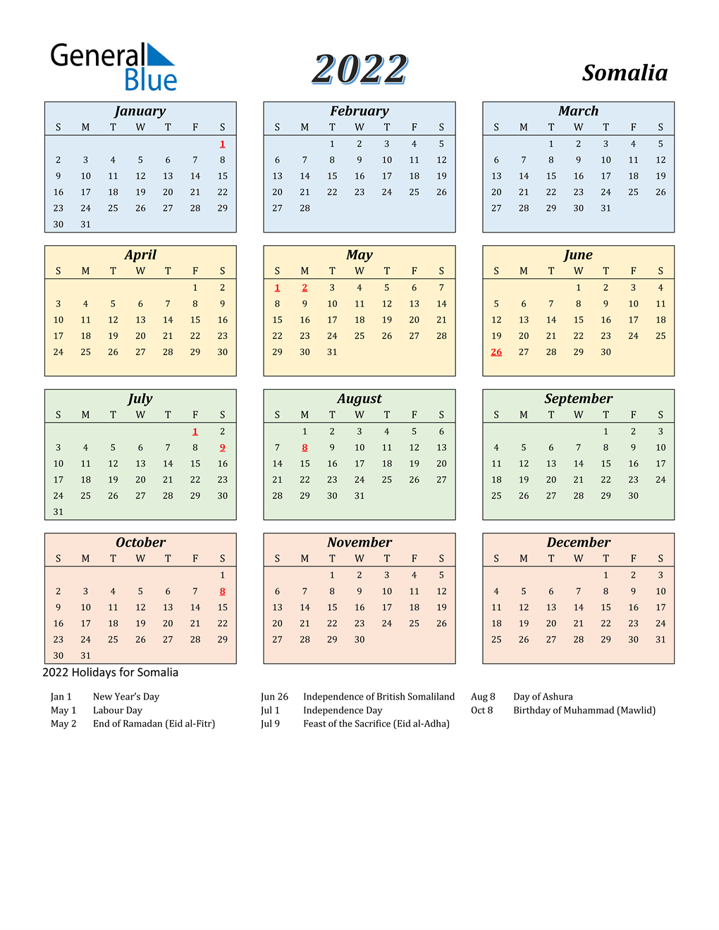 2022 Somalia Calendar with Holidays