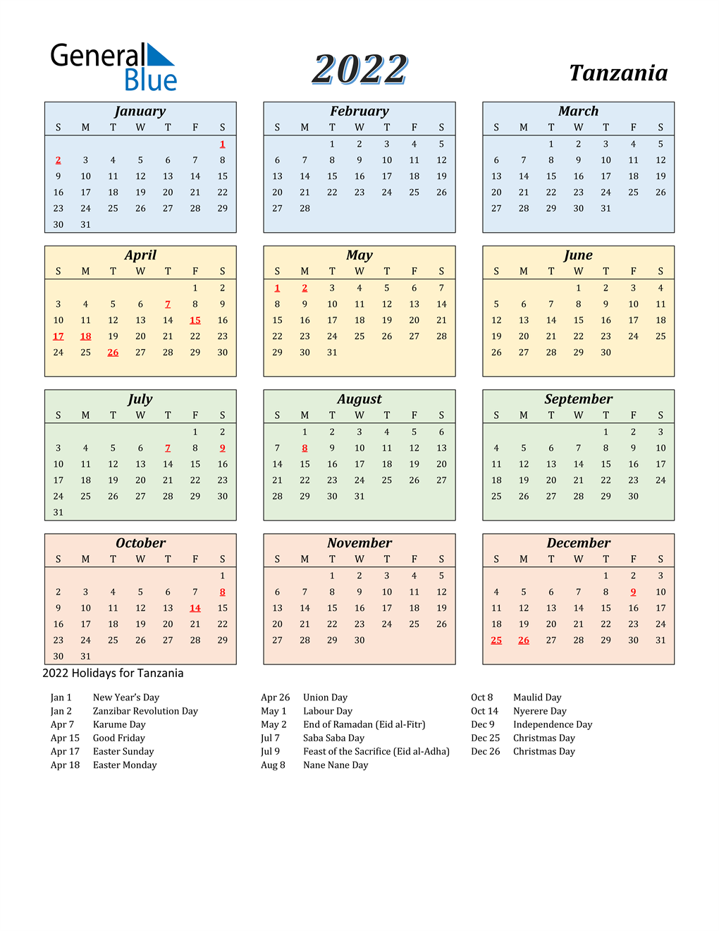 2022 Tanzania Calendar With Holidays