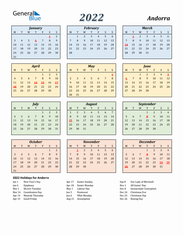 Andorra Calendar 2022 with Monday Start