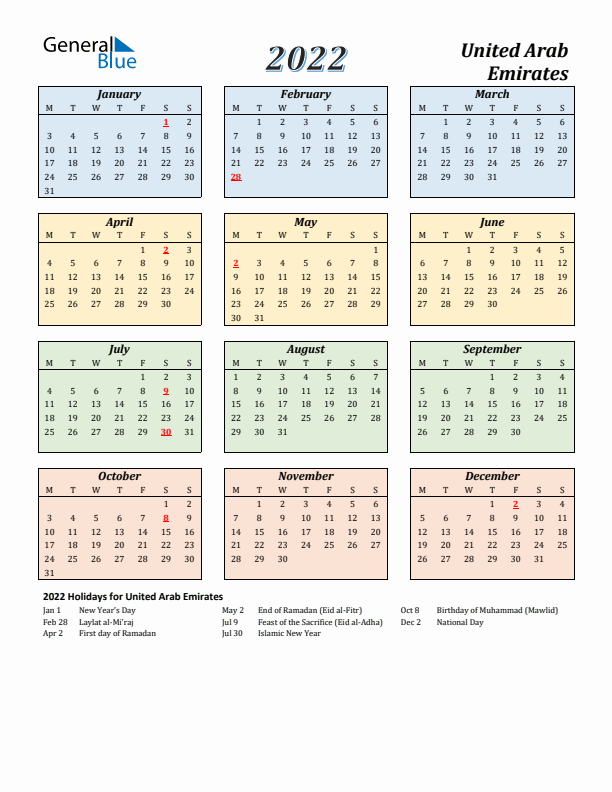 United Arab Emirates Calendar 2022 with Monday Start