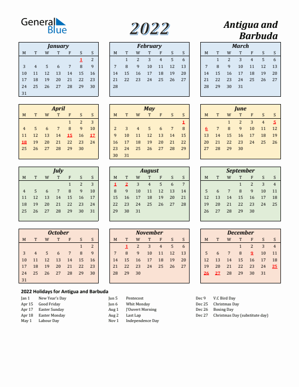 Antigua and Barbuda Calendar 2022 with Monday Start