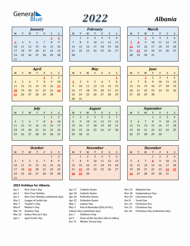 Albania Calendar 2022 with Monday Start