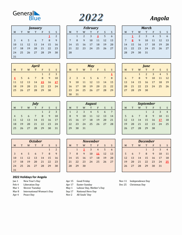 Angola Calendar 2022 with Monday Start