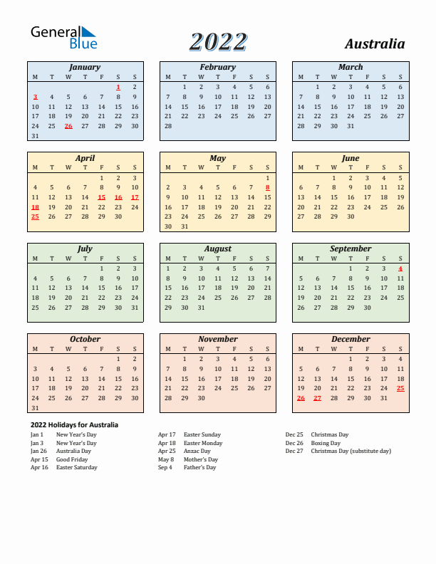 Australia Calendar 2022 with Monday Start