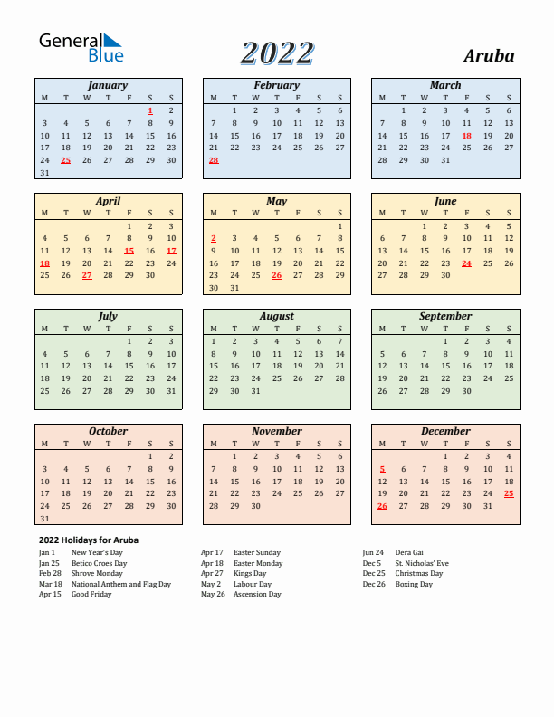 Aruba Calendar 2022 with Monday Start