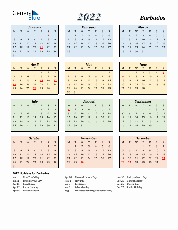 Barbados Calendar 2022 with Monday Start