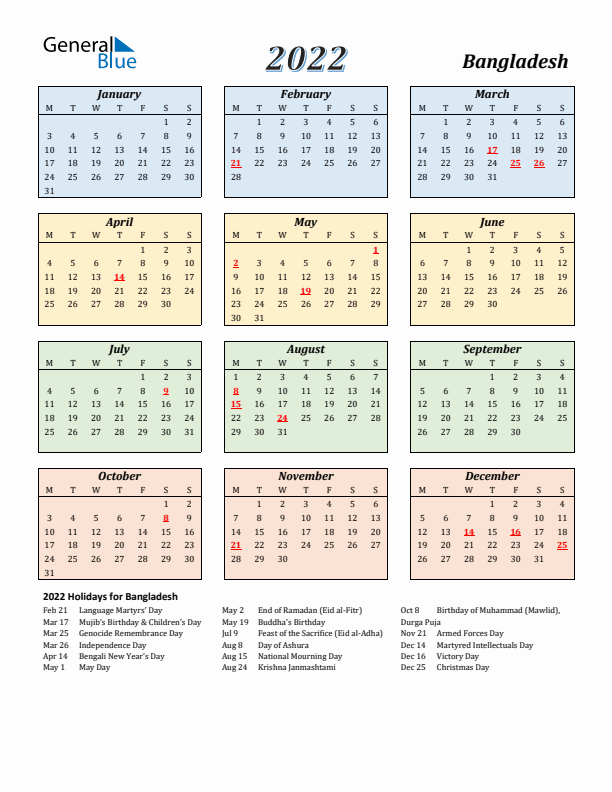 Bangladesh Calendar 2022 with Monday Start