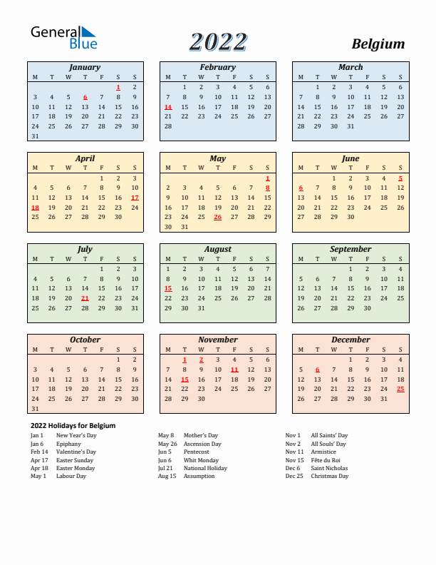 Belgium Calendar 2022 with Monday Start