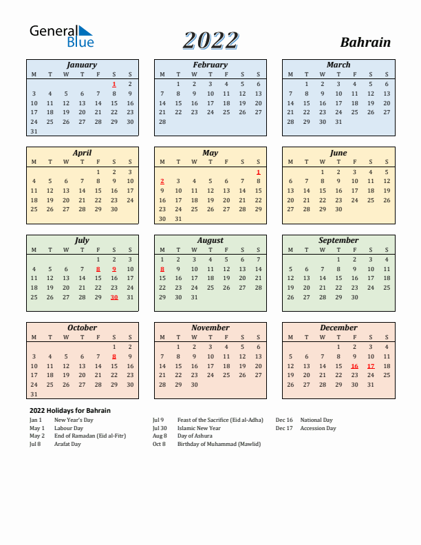 Bahrain Calendar 2022 with Monday Start