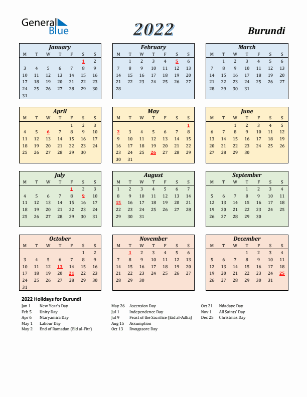 Burundi Calendar 2022 with Monday Start