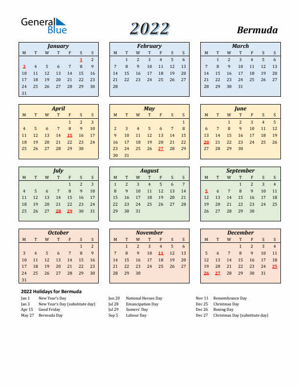 Bermuda Calendar 2022 with Monday Start