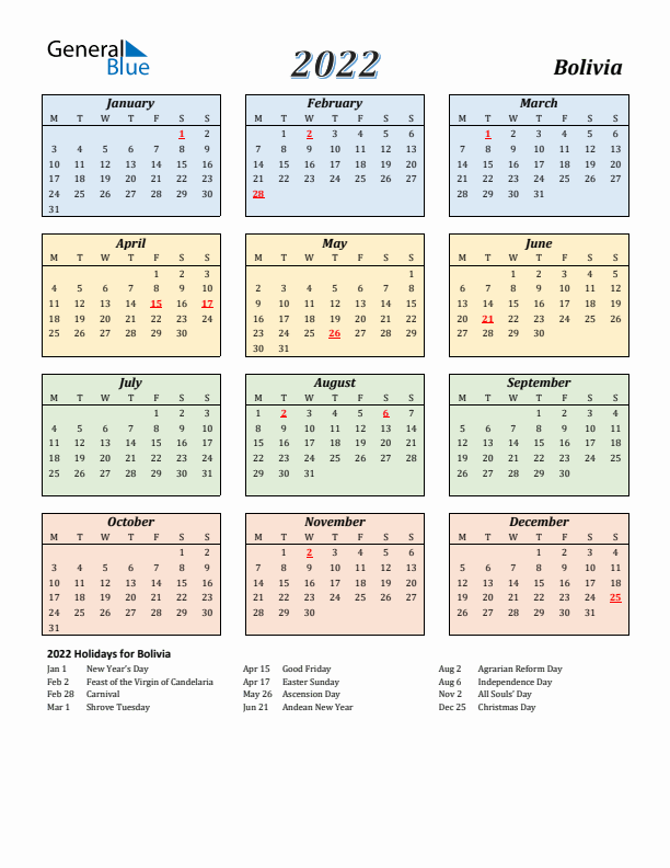 Bolivia Calendar 2022 with Monday Start