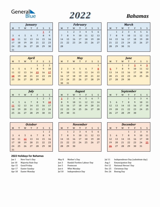 Bahamas Calendar 2022 with Monday Start