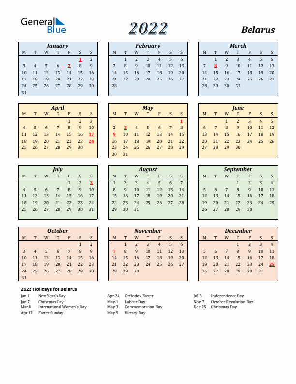 Belarus Calendar 2022 with Monday Start