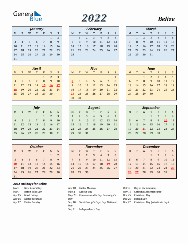 Belize Calendar 2022 with Monday Start