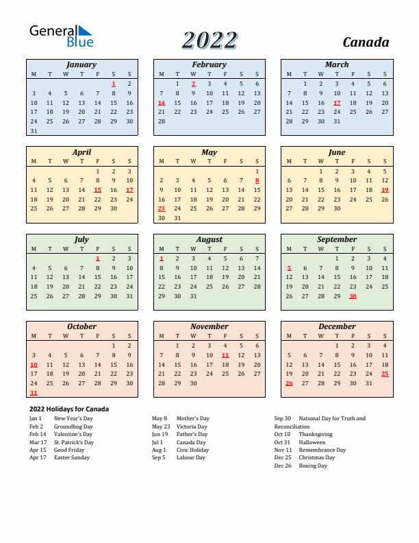 Canada Calendar 2022 with Monday Start