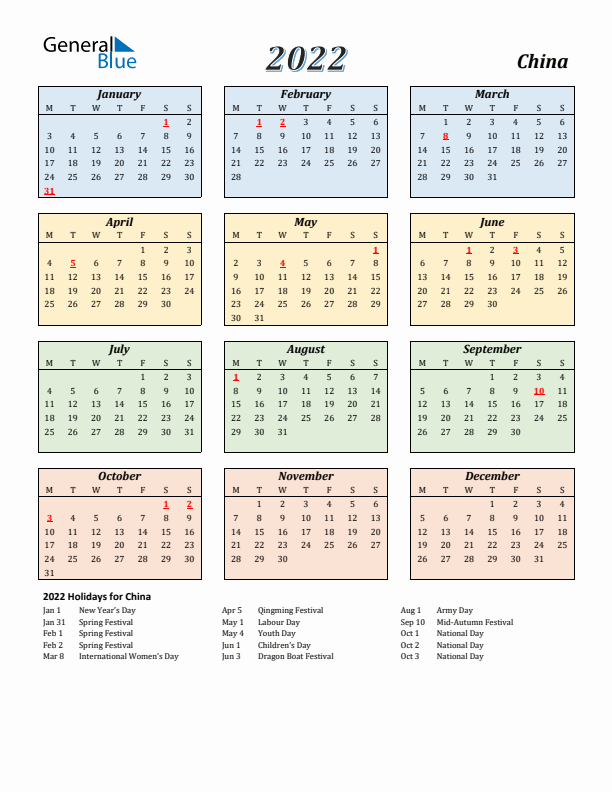 China Calendar 2022 with Monday Start