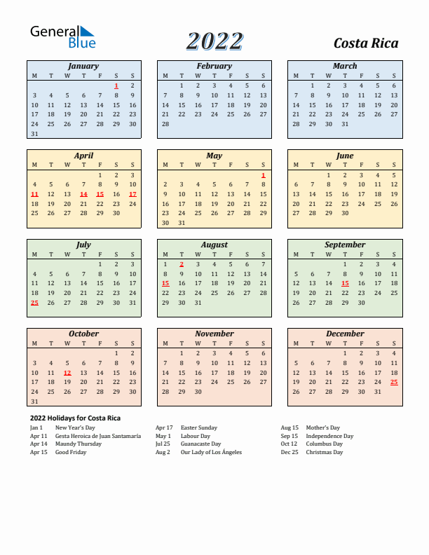 Costa Rica Calendar 2022 with Monday Start