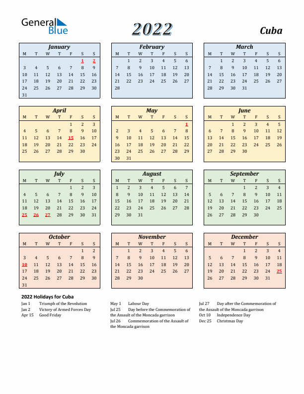 Cuba Calendar 2022 with Monday Start