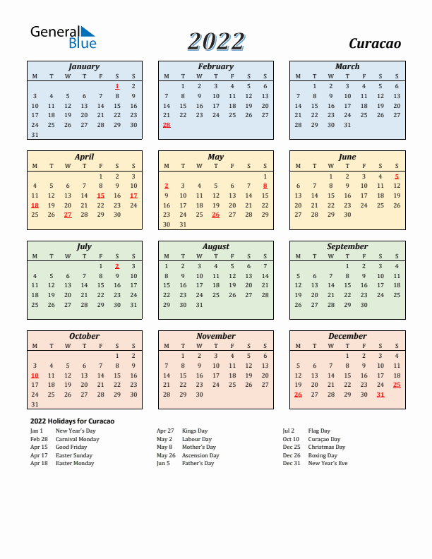 Curacao Calendar 2022 with Monday Start