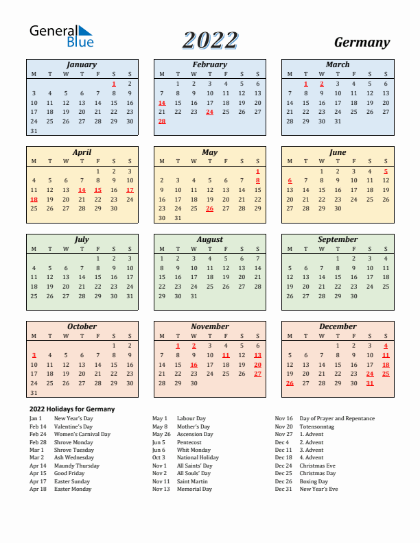Germany Calendar 2022 with Monday Start