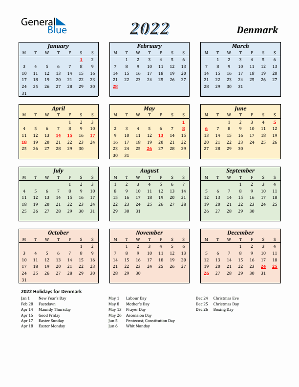 Denmark Calendar 2022 with Monday Start