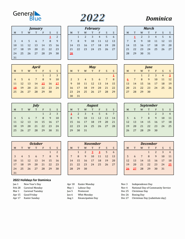 Dominica Calendar 2022 with Monday Start