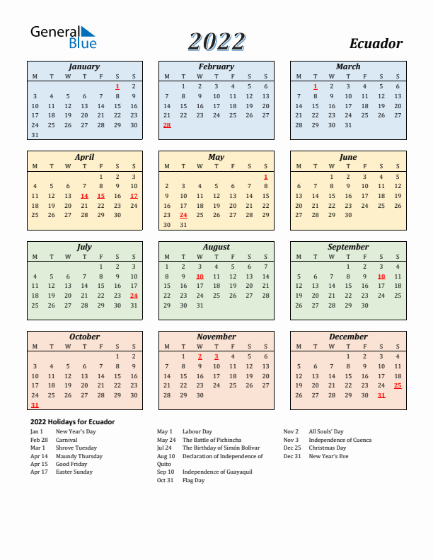 Ecuador Calendar 2022 with Monday Start
