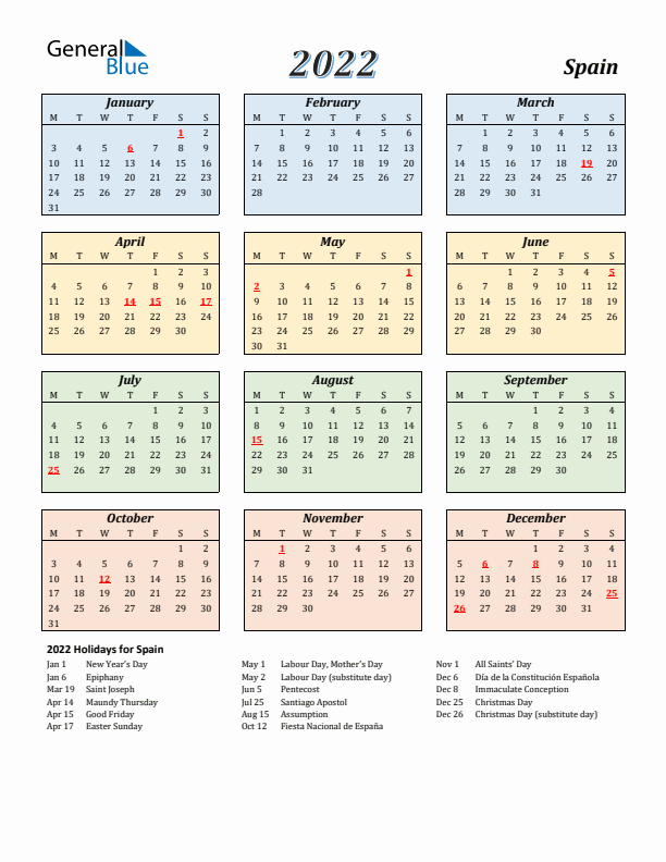 Spain Calendar 2022 with Monday Start