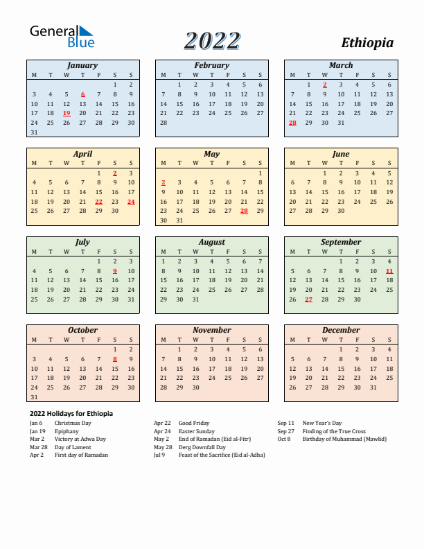 Ethiopia Calendar 2022 with Monday Start