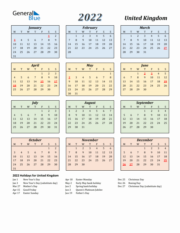 United Kingdom Calendar 2022 with Monday Start