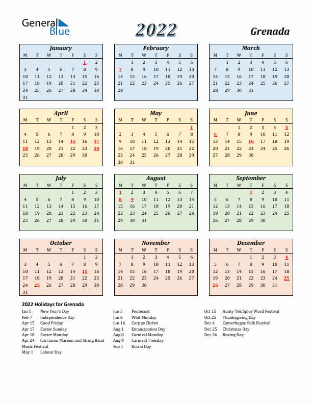 Grenada Calendar 2022 with Monday Start