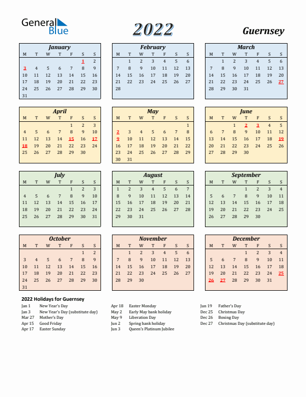 Guernsey Calendar 2022 with Monday Start
