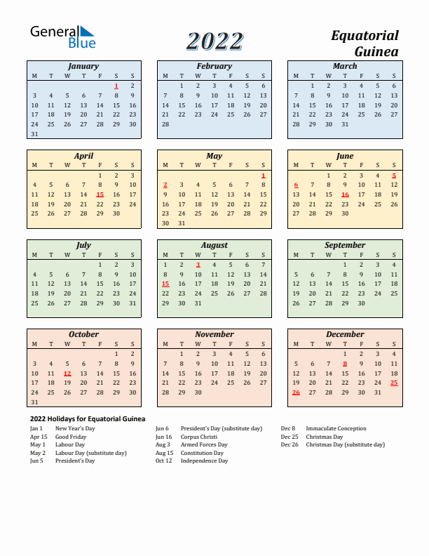 Equatorial Guinea Calendar 2022 with Monday Start